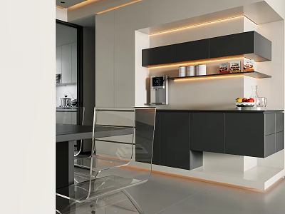 Modern Restaurant Dining Area With Open Concept Black Cabinets Clear Chairs And Lighting 3d model