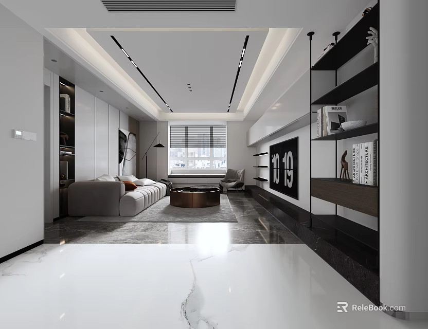 Modern Living and Dining Room Interior With Sofa Coffee Table TV Wall And Bookshelves 3d model 