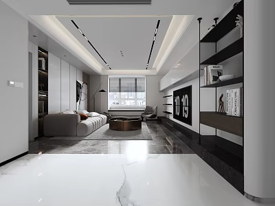 Modern Living and Dining Room Interior With Sofa Coffee Table TV Wall And Bookshelves 3d model