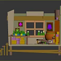 Colorful Cartoon Kitchen Interior With Cauldron Shelves Potted Plants And Wooden Table