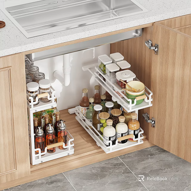 Wooden Kitchen Cabinets With Pull Out Shelves Organizing Spice Bottles And Glass Jars 3d model 
