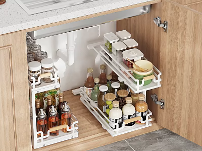 Wooden Kitchen Cabinets With Pull Out Shelves Organizing Spice Bottles And Glass Jars 3d model