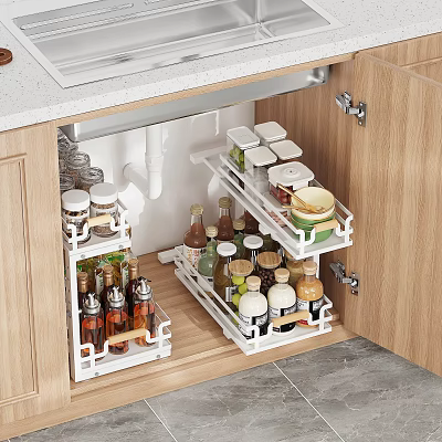 Wooden Kitchen Cabinets With Pull Out Shelves Organizing Spice Bottles And Glass Jars 3d model