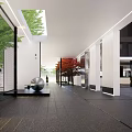 Modern Open Indoor Hall Design With Tree Bench Glass Walls And Natural Lighting