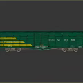 Green Train Freight Car With Yellow Stripes On Gray Background And Metal Surface