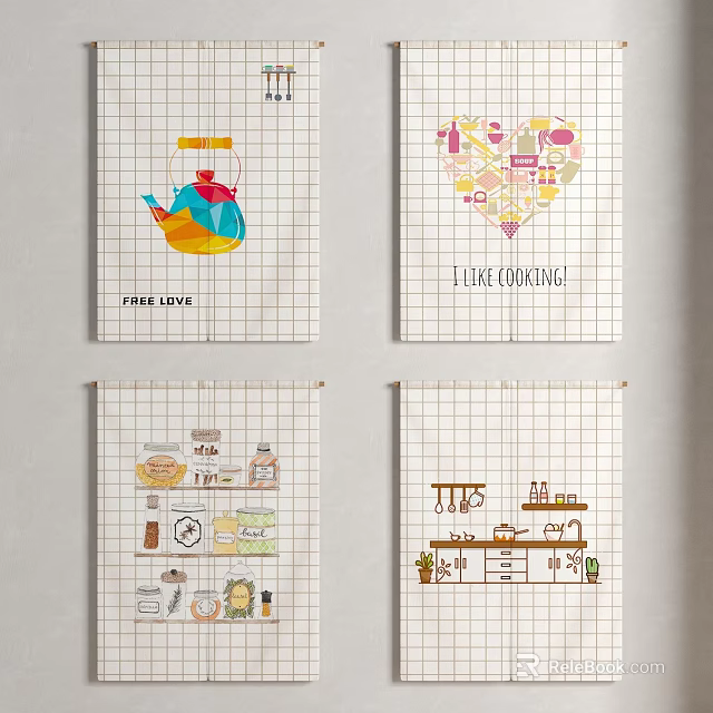 Cute Kitchen Curtains With Tea Pot Heart Food And Cooking Theme Designs 3d model 