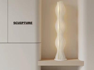 Modern Sculpture Lamp With Wavy Design On Wooden Shelf In Minimalist Interior 3d model