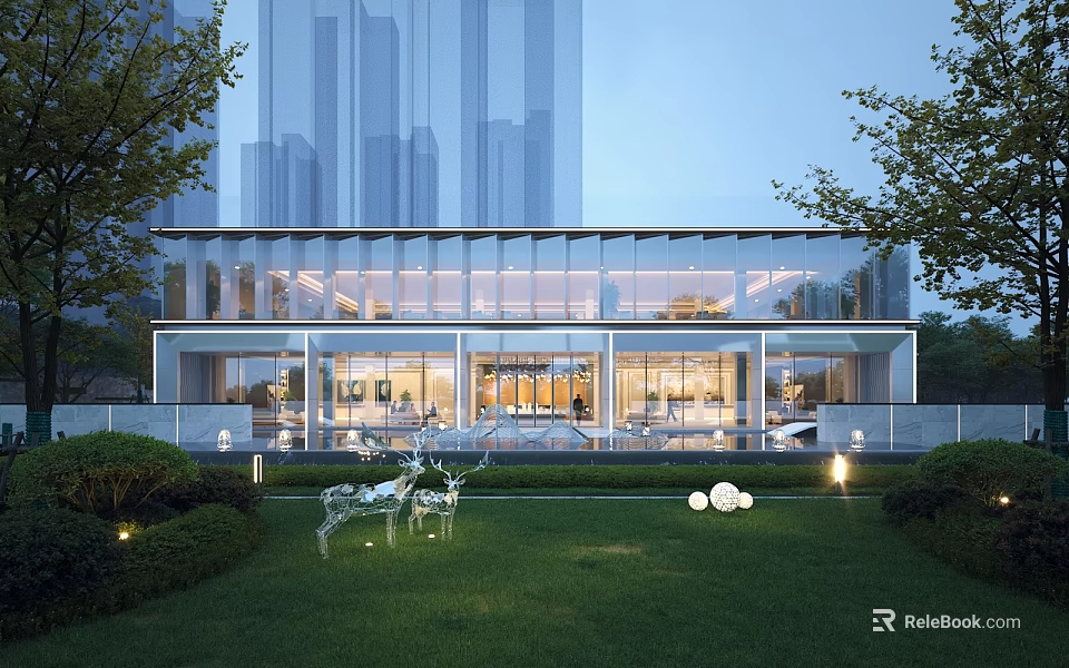 Modern Sales Office Building with Glass Curtain Wall Green Plants Lawn Urban Background Lighting 3d model 