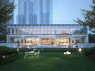 Modern Sales Office Building with Glass Curtain Wall Green Plants Lawn Urban Background Lighting 3d model