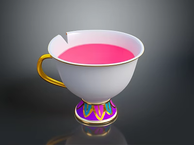 White Decorative Cup With Golden Handle Chipped Rim Pink Liquid And Colorful Base 3d model