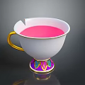 White Decorative Cup With Golden Handle Chipped Rim Pink Liquid And Colorful Base