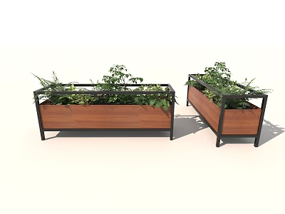 Garden Planter Boxes Wooden With Metal Frames Filled With Green Plants For Home Outdoor Decoration 3d model