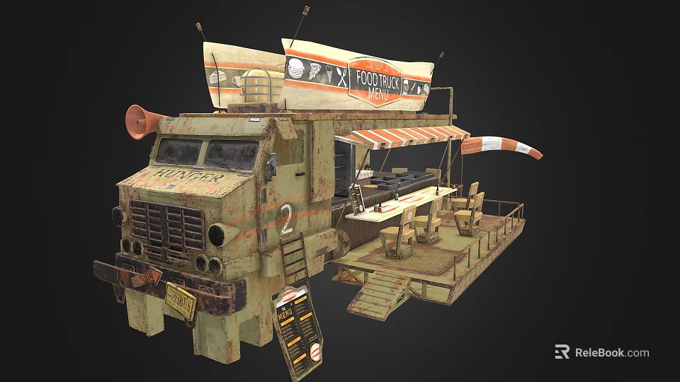 Vintage Food Truck With Outdoor Seating Striped Awning And Menu Board 3d model 