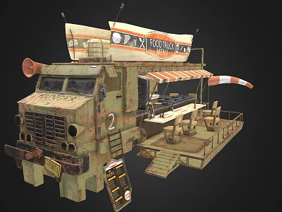 Vintage Food Truck With Outdoor Seating Striped Awning And Menu Board 3d model