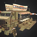 Vintage Food Truck With Outdoor Seating Striped Awning And Menu Board