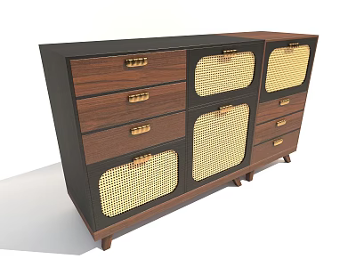 Dark Wood Entryway Cabinet Sideboard With Drawers Mesh Doors And Metal Handles 3d model