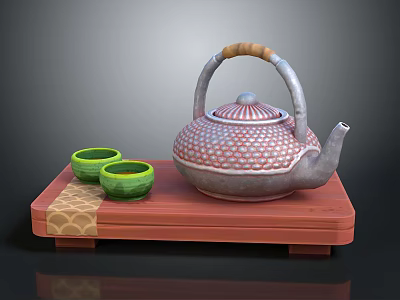 Traditional Patterned Teapot With Wooden Handle And Green Teacups On Red Wooden Tray 3d model