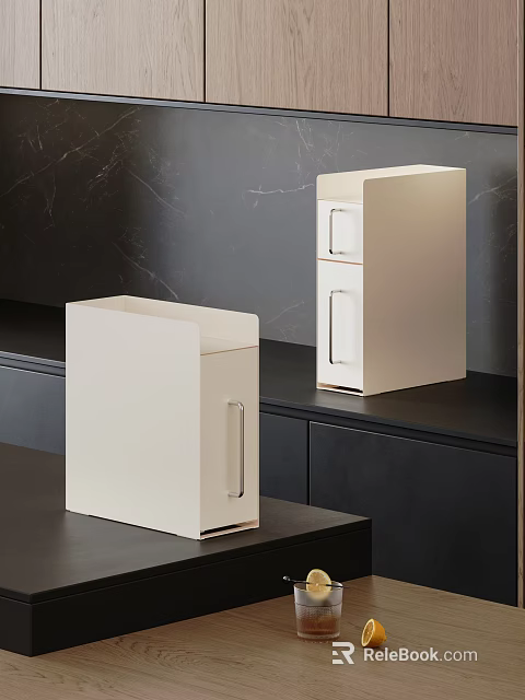 Two White Minimalist Ceramic Containers with Handles on Dark Kitchen Countertop 3d model