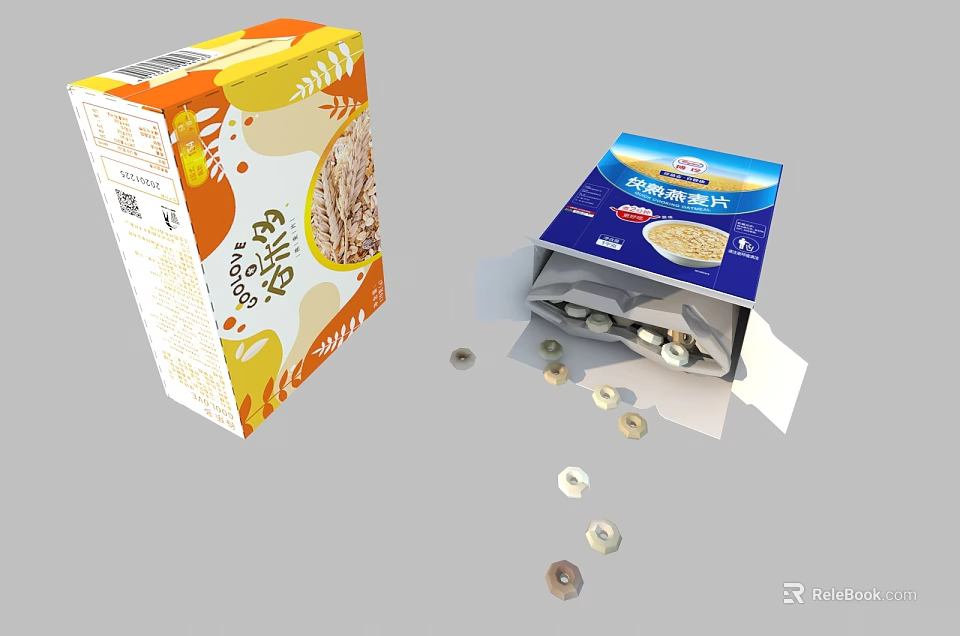 Two Cereal Boxes With Orange And Blue Packaging Open Box Showing Spilled Cereal Rings 3d model 