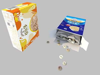 Two Cereal Boxes With Orange And Blue Packaging Open Box Showing Spilled Cereal Rings 3d model