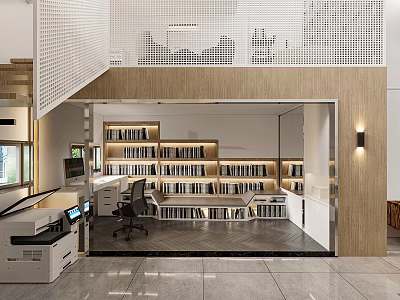 Book Art Inspired Modern Library Space With Bookshelves Work Desk Computer Printer And Staircase 3d model