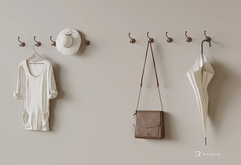 Wall Hooks Display Hanging Hat White Top Brown Bag And Umbrella 3d model 