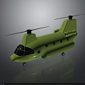 Green Helicopter with Dual Rotors Round Windows and Streamlined Fuselage on Dark Background with Reflection