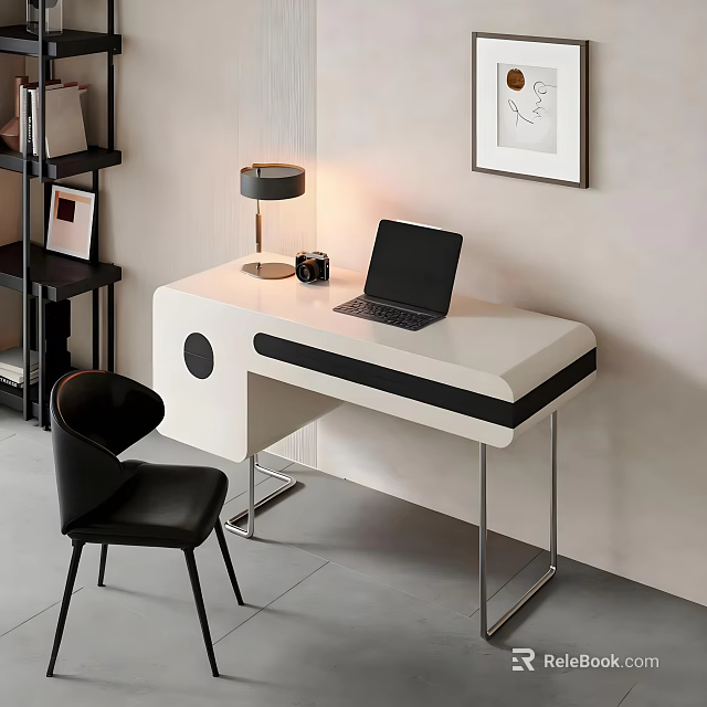 Modern White Office Desk With Black Accent Laptop Table Lamp And Black Chair 3d model 