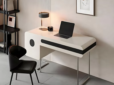 Modern White Office Desk With Black Accent Laptop Table Lamp And Black Chair 3d model