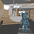 Modern Café Interior With Wooden Stairs Bar Counter Wine Racks And Blue Sculpture