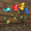 Vibrant Metal Flower Art Display with Green Leaves for Indoor Decor