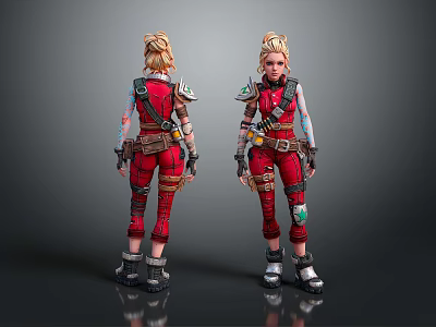 3D Game Character Design Blonde Hair Red Combat Outfit Front Back View With Armor Details 3d model