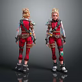 3D Game Character Design Blonde Hair Red Combat Outfit Front Back View With Armor Details