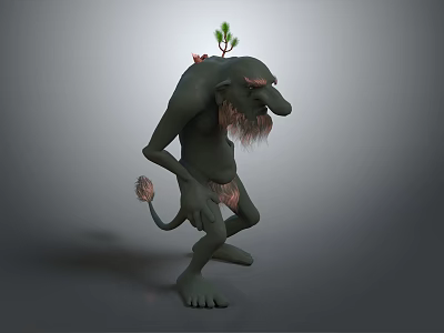 Green Fantasy Creature with Long Nose Beard Small Tree on Back Tail and Standing Pose 3d model