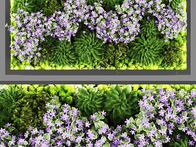 Lush Living Plant Wall With Purple Flowers And Green Foliage Indoor Decor Design 3d model