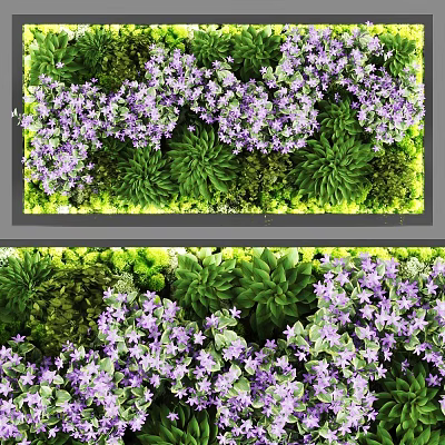 Lush Living Plant Wall With Purple Flowers And Green Foliage Indoor Decor Design 3d model
