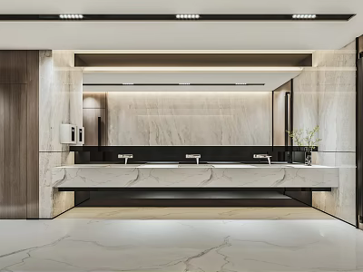 Modern Public Restroom Interior Design With Marble Countertops Mirrors And Lighting 3d model