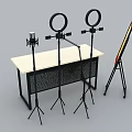 Commercial Live Streaming Equipment Setup with Table Ring Lights Microphones and Display Screen 3d model