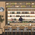 Warm Restaurant Space Featuring Bar Counter Shelves Bottles Staff Wooden Chairs Plant And Moon Decoration