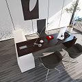 Modern Minimalist Office Interior With Desk Two Chairs Computer Lamp Sculpture Plant And Window