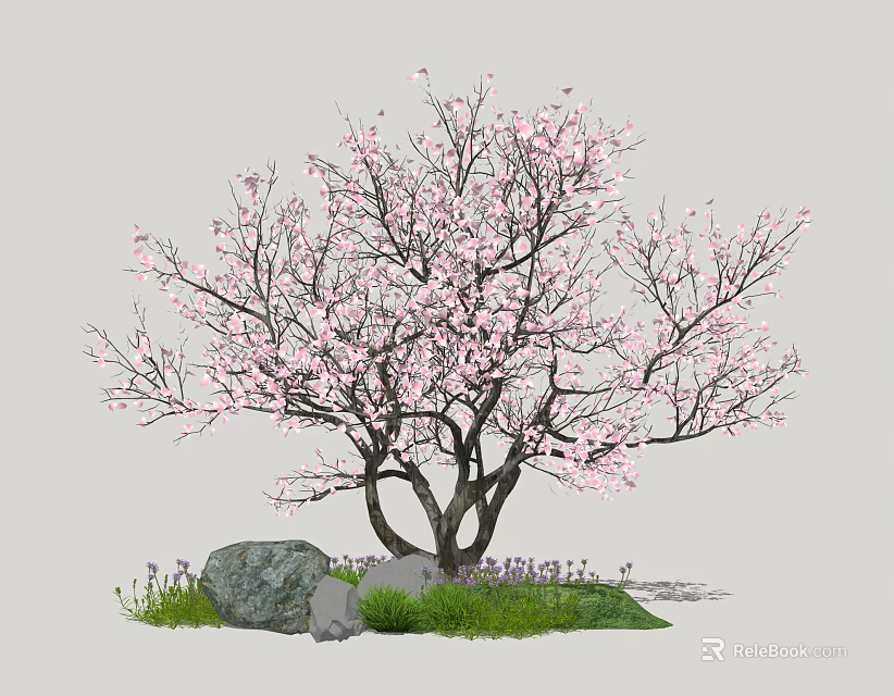 Beautiful Arbor Adorned with Pink Blossoms and Green Grass Around Stones in Natural Setting 3d model 
