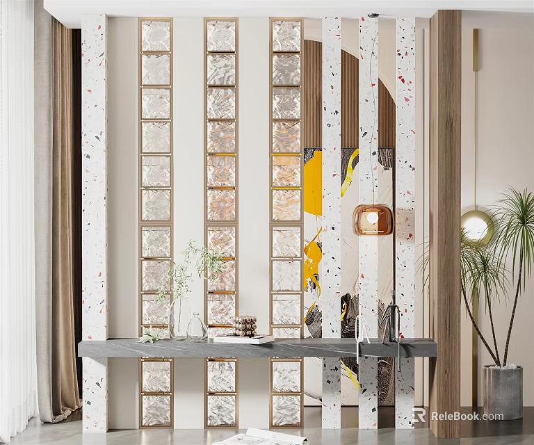 Modern Decorative Partition Design In Interior With Console Table And Potted Plants 3d model