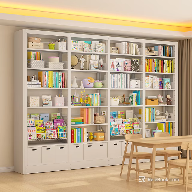 White Multi Tiered Bookcase With Colorful Books Decorations Storage Boxes And Wooden Table Chairs 3d model 