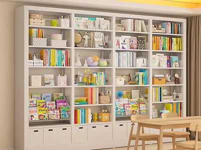 White Multi Tiered Bookcase With Colorful Books Decorations Storage Boxes And Wooden Table Chairs 3d model