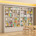 White Multi Tiered Bookcase With Colorful Books Decorations Storage Boxes And Wooden Table Chairs