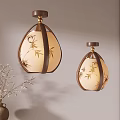 Two Chinese Pendant Lights Featuring Bamboo Pattern Beige Shade Brown Frame And Dried Branches Vase 3d model