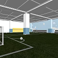 Indoor Football Field With Green Turf White Lines Goals And Blue Yellow Walls