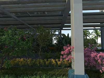 Scenic Road Facility With Covered Roof Beams Columns And Colorful Flowers Trees Palms 3d model