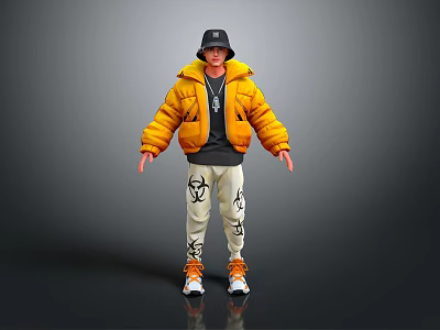 3D Character Design Wearing Black Cap Yellow Puffer Jacket And White Pants With Biological Patterns 3d model