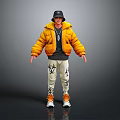 3D Character Design Wearing Black Cap Yellow Puffer Jacket And White Pants With Biological Patterns